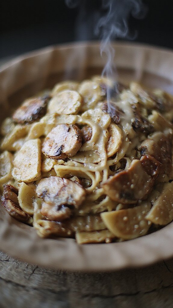 cooking pasta and mushrooms