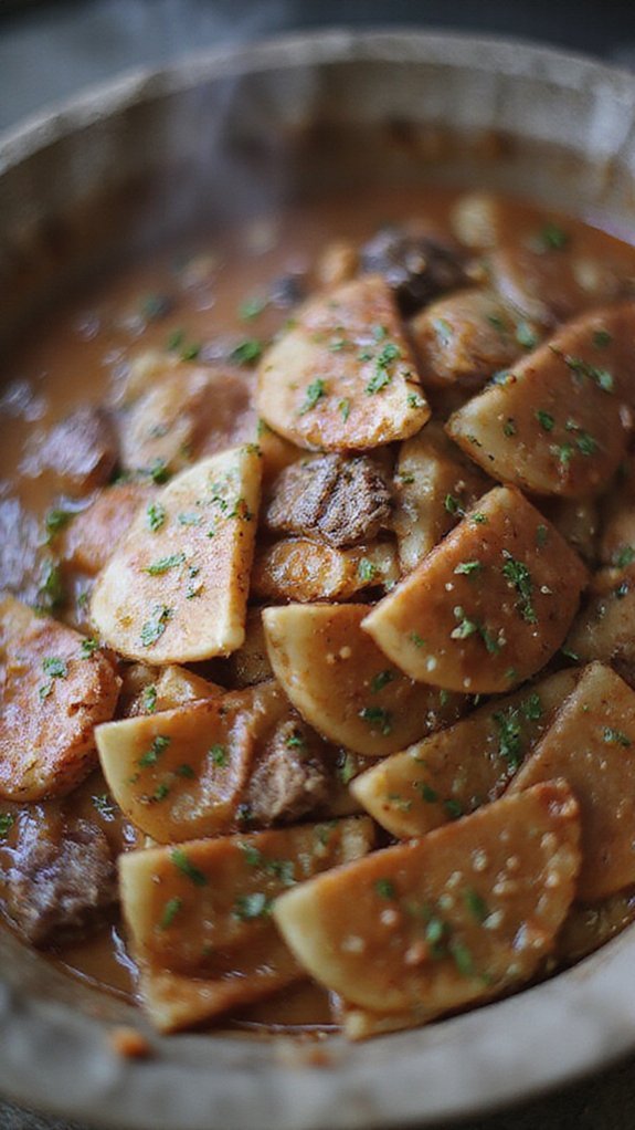pasta cooks in ragu